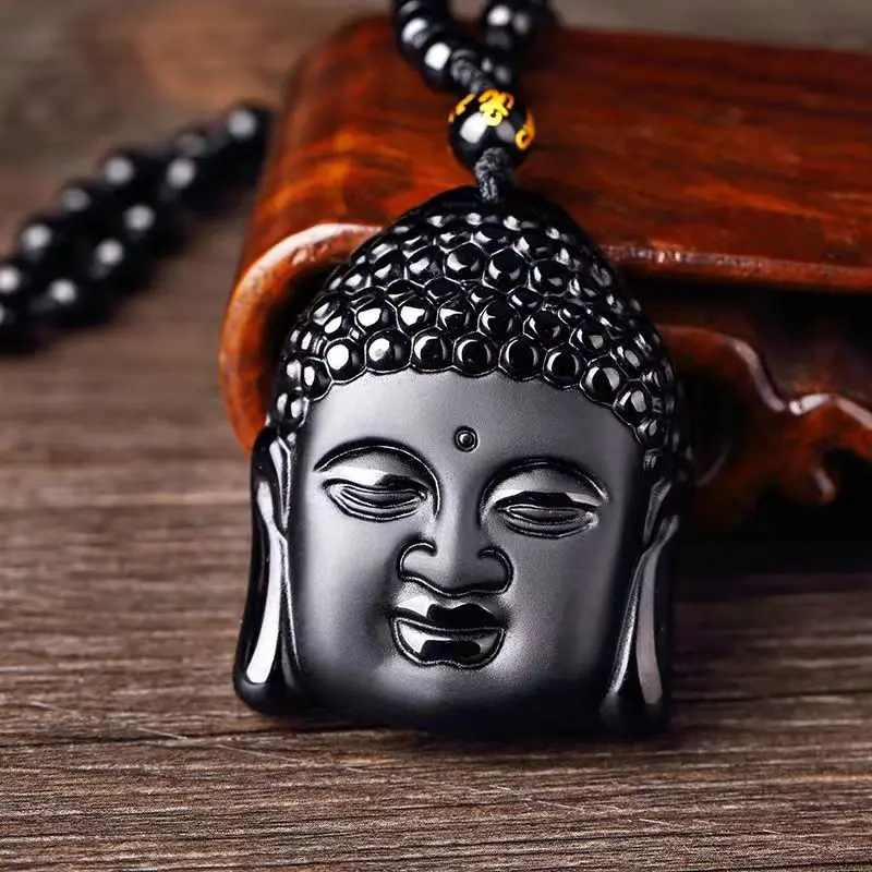 Obsidian Buddha Head Lucky Amulet Pendant Tathagata Buddha Blessing Necklace Religious Buddhist Jewelry Men and Women Gifts