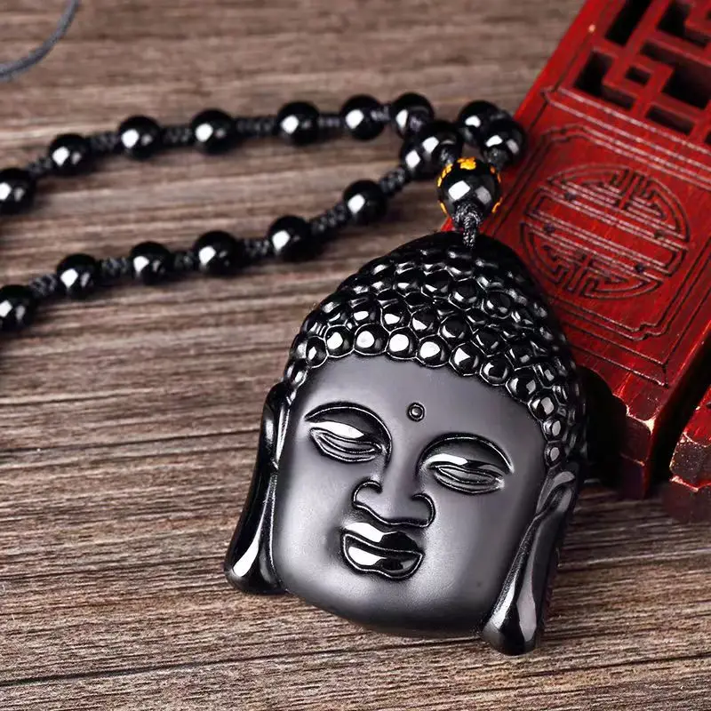 Obsidian Buddha Head Lucky Amulet Pendant Tathagata Buddha Blessing Necklace Religious Buddhist Jewelry Men and Women Gifts