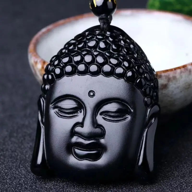Obsidian Buddha Head Lucky Amulet Pendant Tathagata Buddha Blessing Necklace Religious Buddhist Jewelry Men and Women Gifts