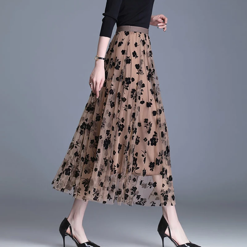 Korean Women Tulle Skirt Fashion Summer Hook Floral Loose Midi Skirt Elegant Female Casual All Match Mesh Skirts New