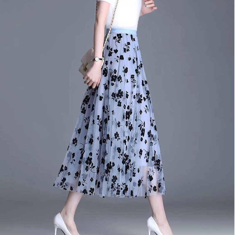 Korean Women Tulle Skirt Fashion Summer Hook Floral Loose Midi Skirt Elegant Female Casual All Match Mesh Skirts New
