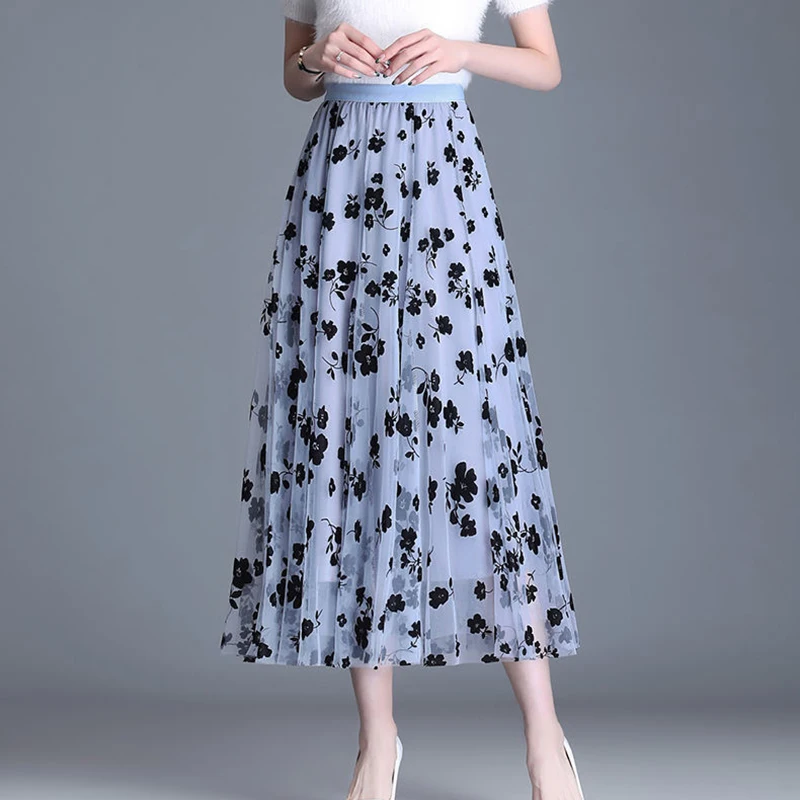 Korean Women Tulle Skirt Fashion Summer Hook Floral Loose Midi Skirt Elegant Female Casual All Match Mesh Skirts New
