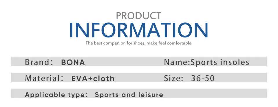 Bona Men and Woman General Sneaker Pad High-Quality Cushion Shock Relief Breathable Comfortable Foot Pain-Relieving Insole
