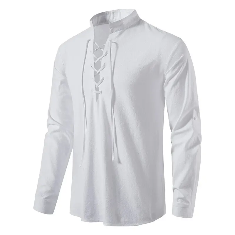 King Billion Men's Shirts Casual Men Cotton Linen Long Sleeve T-shirt Spring Autumn Vintage Shirt US Size Drawstring Neck