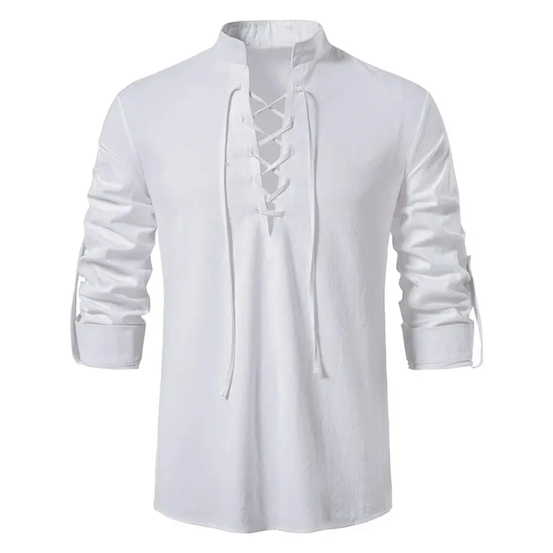King Billion Men's Shirts Casual Men Cotton Linen Long Sleeve T-shirt Spring Autumn Vintage Shirt US Size Drawstring Neck