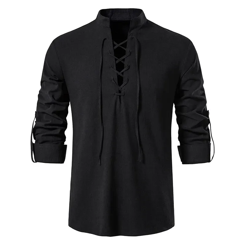 King Billion Men's Shirts Casual Men Cotton Linen Long Sleeve T-shirt Spring Autumn Vintage Shirt US Size Drawstring Neck