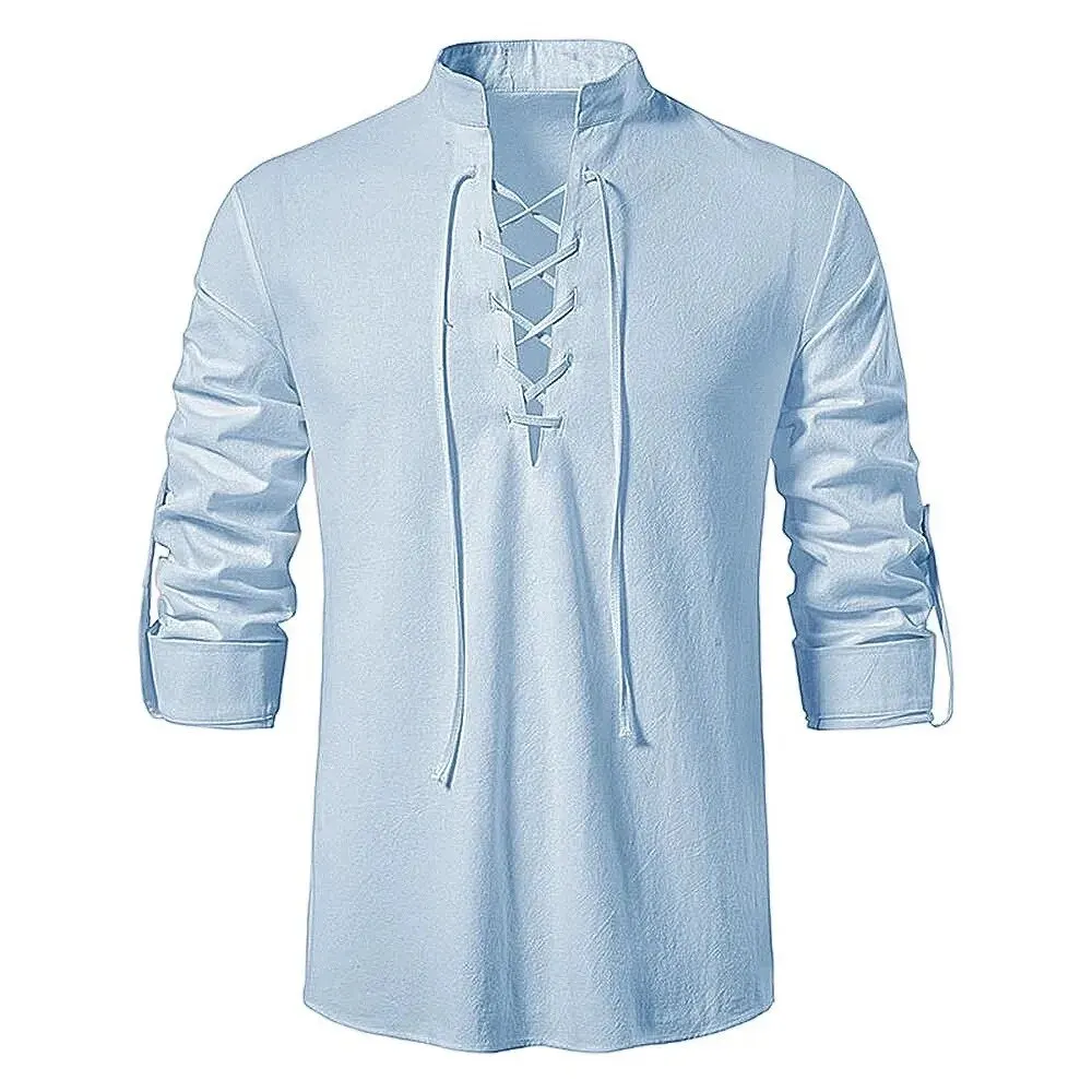 King Billion Men's Shirts Casual Men Cotton Linen Long Sleeve T-shirt Spring Autumn Vintage Shirt US Size Drawstring Neck