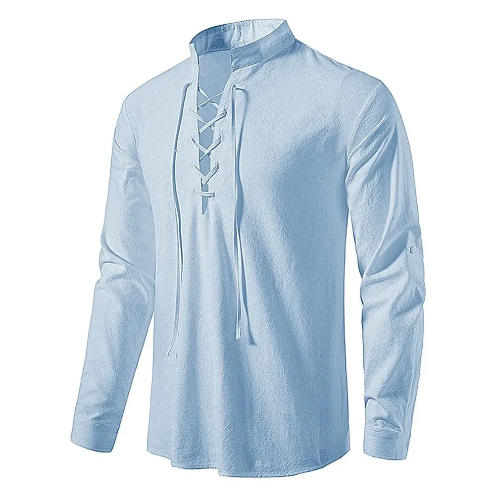 King Billion Men's Shirts Casual Men Cotton Linen Long Sleeve T-shirt Spring Autumn Vintage Shirt US Size Drawstring Neck