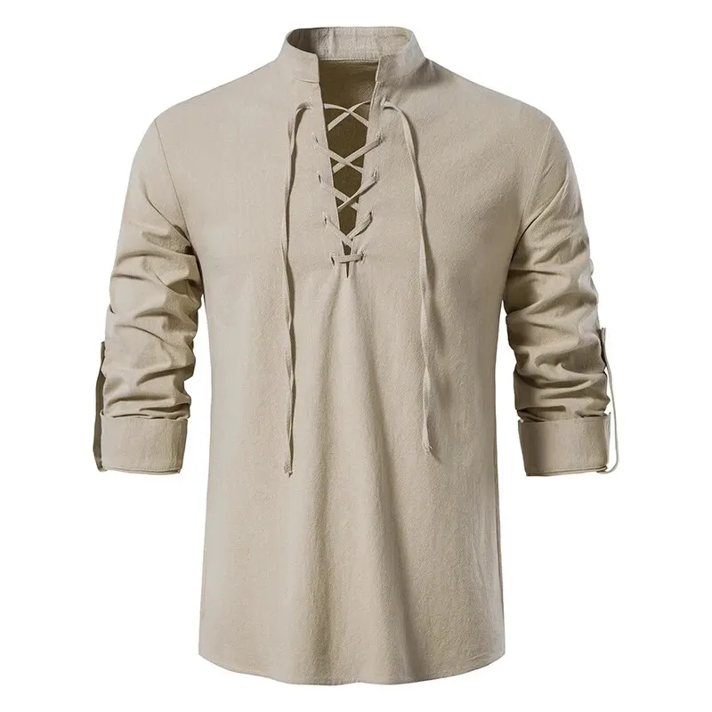 King Billion Men's Shirts Casual Men Cotton Linen Long Sleeve T-shirt Spring Autumn Vintage Shirt US Size Drawstring Neck