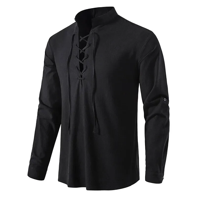 King Billion Men's Shirts Casual Men Cotton Linen Long Sleeve T-shirt Spring Autumn Vintage Shirt US Size Drawstring Neck
