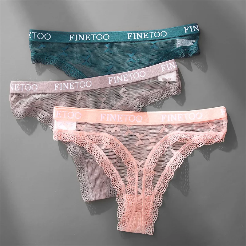 FINETOO Women Sexy Lace Low-Rise Thongs Letter Waist Transparent G-String Ladies Seamless Lingerie Hollow Out Perspective T-Back