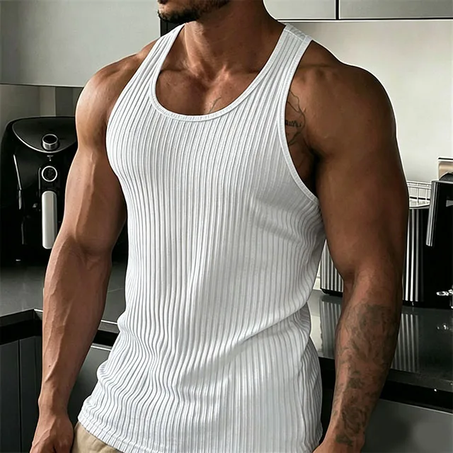 2026 New Men's Rib Knit Tank Tops Elastic Slim Fit Fitness Gym Vest Sleeveless Muscle Shirts for Running Training