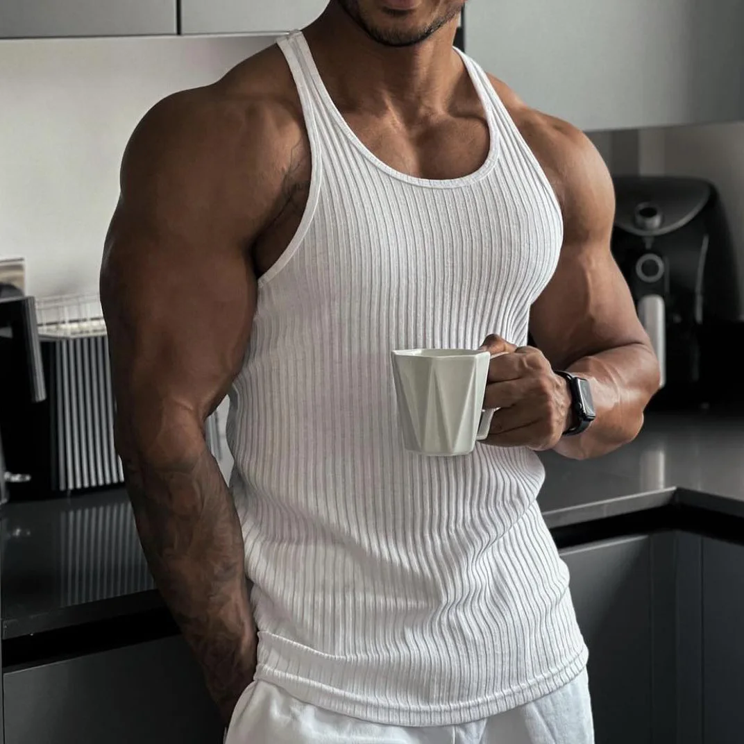2026 New Men's Rib Knit Tank Tops Elastic Slim Fit Fitness Gym Vest Sleeveless Muscle Shirts for Running Training
