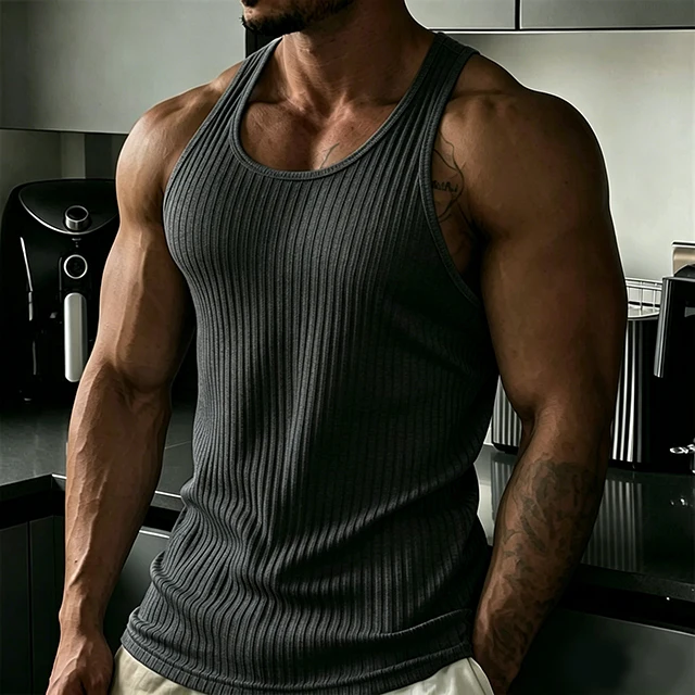 2026 New Men's Rib Knit Tank Tops Elastic Slim Fit Fitness Gym Vest Sleeveless Muscle Shirts for Running Training