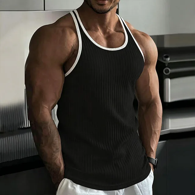 2026 New Men's Rib Knit Tank Tops Elastic Slim Fit Fitness Gym Vest Sleeveless Muscle Shirts for Running Training