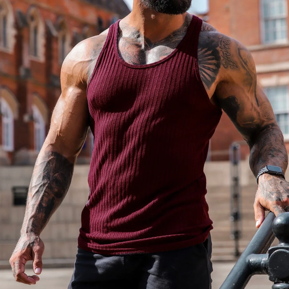 2026 New Men's Rib Knit Tank Tops Elastic Slim Fit Fitness Gym Vest Sleeveless Muscle Shirts for Running Training