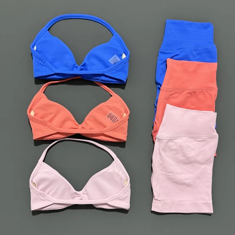 HISTELLO Sports Set 2 Piece Women Strappy Gym Yoga Bra Workout Scrunch Shorts Fitness Sports Suit Clothes Seamless Yoga Set