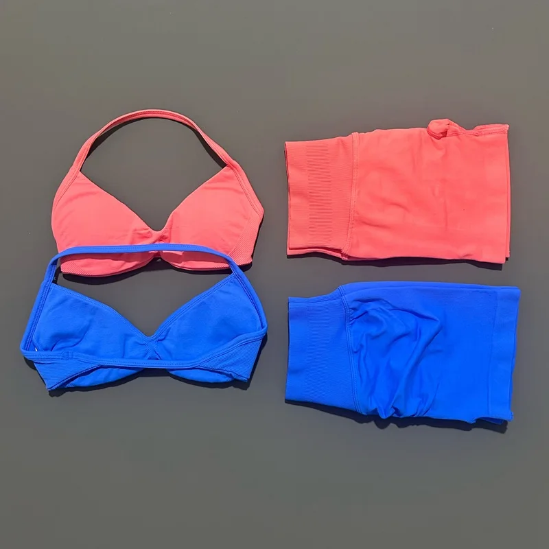 HISTELLO Sports Set 2 Piece Women Strappy Gym Yoga Bra Workout Scrunch Shorts Fitness Sports Suit Clothes Seamless Yoga Set