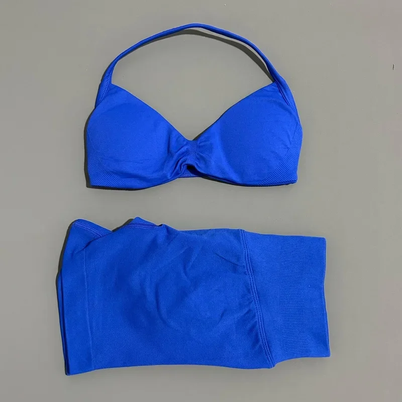 HISTELLO Sports Set 2 Piece Women Strappy Gym Yoga Bra Workout Scrunch Shorts Fitness Sports Suit Clothes Seamless Yoga Set