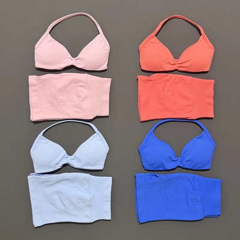 HISTELLO Sports Set 2 Piece Women Strappy Gym Yoga Bra Workout Scrunch Shorts Fitness Sports Suit Clothes Seamless Yoga Set