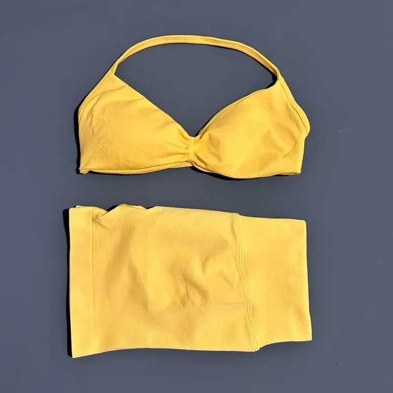 HISTELLO Sports Set 2 Piece Women Strappy Gym Yoga Bra Workout Scrunch Shorts Fitness Sports Suit Clothes Seamless Yoga Set