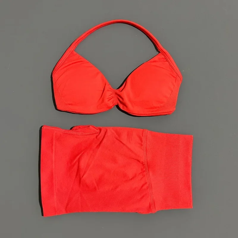 HISTELLO Sports Set 2 Piece Women Strappy Gym Yoga Bra Workout Scrunch Shorts Fitness Sports Suit Clothes Seamless Yoga Set