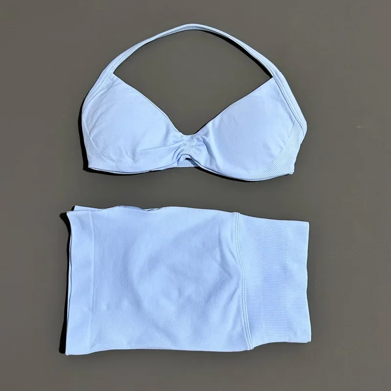 HISTELLO Sports Set 2 Piece Women Strappy Gym Yoga Bra Workout Scrunch Shorts Fitness Sports Suit Clothes Seamless Yoga Set