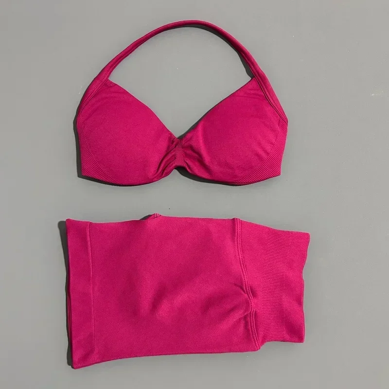 HISTELLO Sports Set 2 Piece Women Strappy Gym Yoga Bra Workout Scrunch Shorts Fitness Sports Suit Clothes Seamless Yoga Set