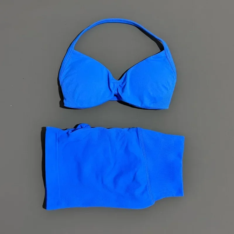 HISTELLO Sports Set 2 Piece Women Strappy Gym Yoga Bra Workout Scrunch Shorts Fitness Sports Suit Clothes Seamless Yoga Set