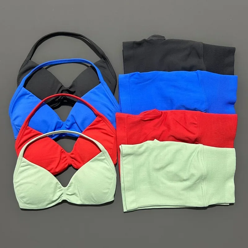 HISTELLO Sports Set 2 Piece Women Strappy Gym Yoga Bra Workout Scrunch Shorts Fitness Sports Suit Clothes Seamless Yoga Set