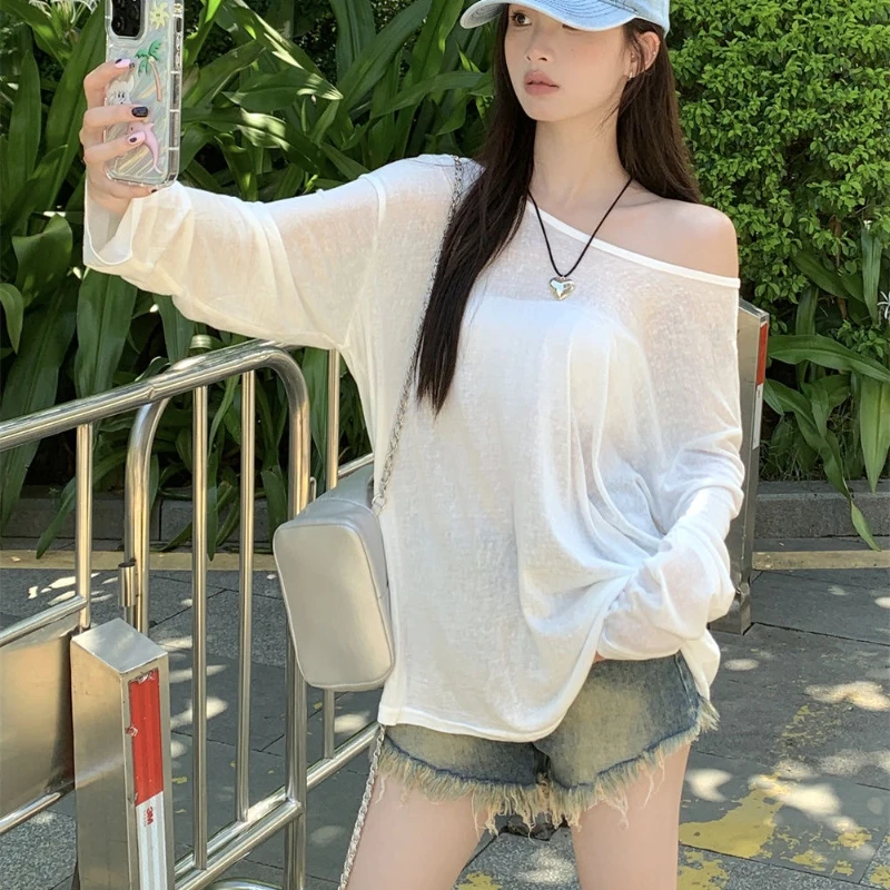 Summer T-shirt Women Beach Thin See Through Oversize Tees Korean Chic White Top High Street Casual Long Sleeve Shirts