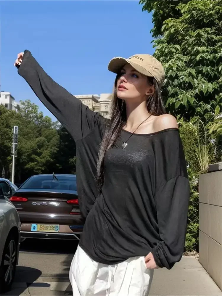 Summer T-shirt Women Beach Thin See Through Oversize Tees Korean Chic White Top High Street Casual Long Sleeve Shirts