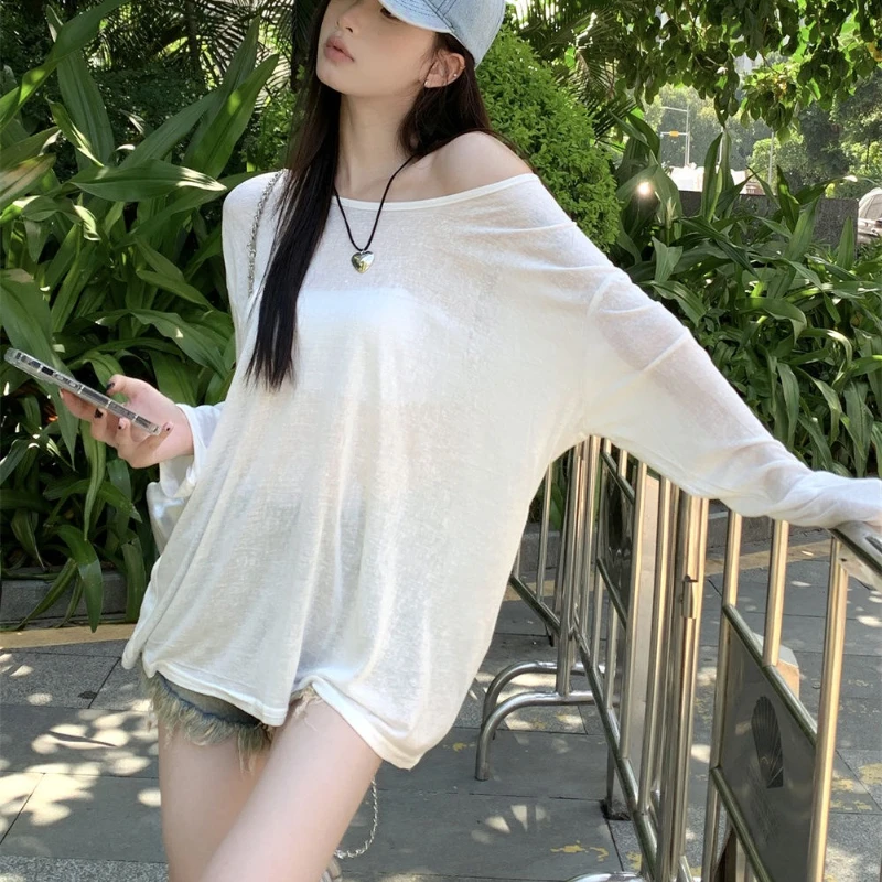 Summer T-shirt Women Beach Thin See Through Oversize Tees Korean Chic White Top High Street Casual Long Sleeve Shirts