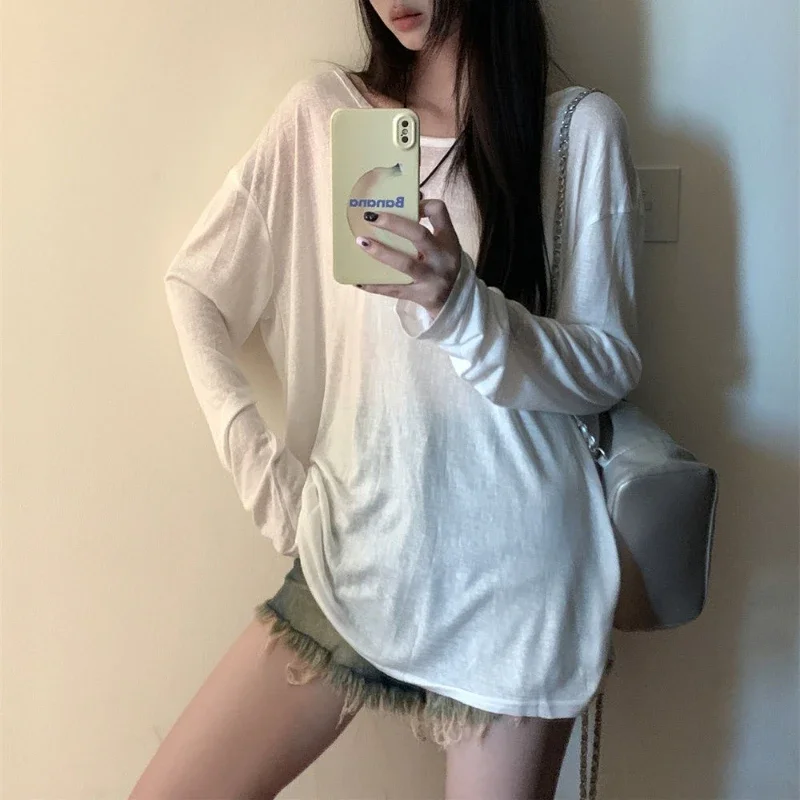 Summer T-shirt Women Beach Thin See Through Oversize Tees Korean Chic White Top High Street Casual Long Sleeve Shirts