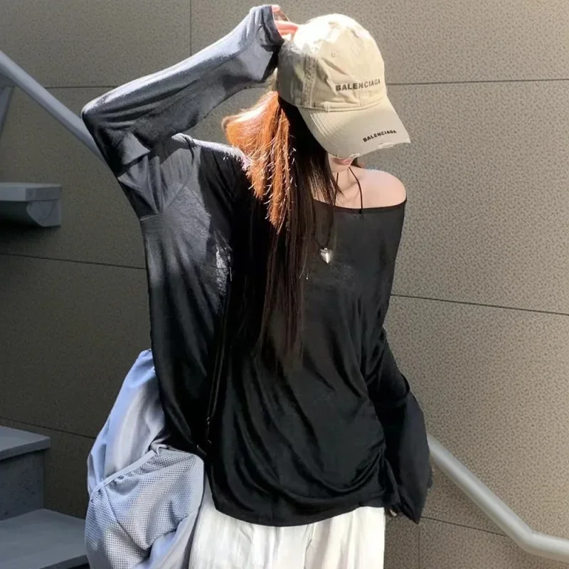 Summer T-shirt Women Beach Thin See Through Oversize Tees Korean Chic White Top High Street Casual Long Sleeve Shirts