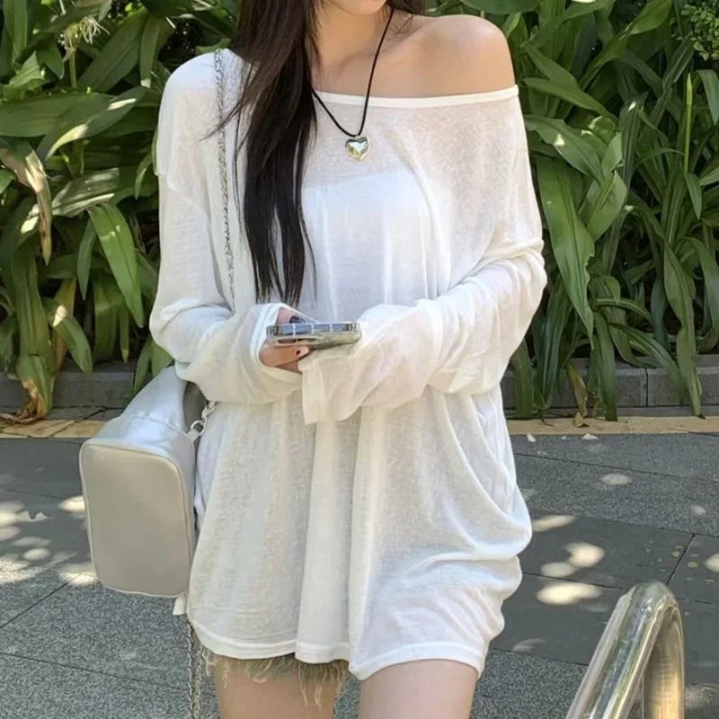 Summer T-shirt Women Beach Thin See Through Oversize Tees Korean Chic White Top High Street Casual Long Sleeve Shirts