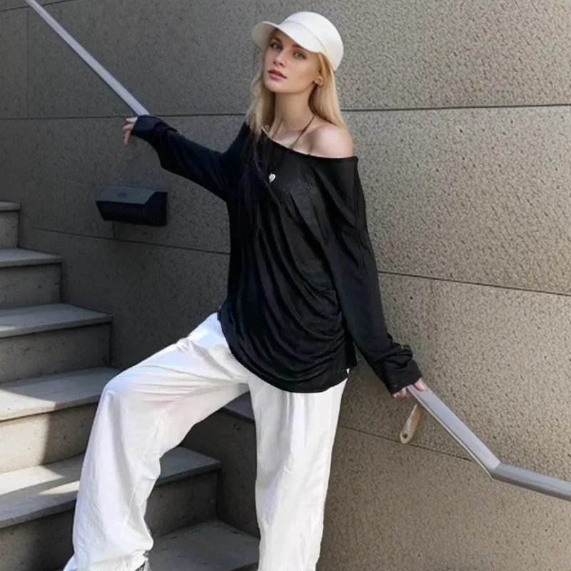Summer T-shirt Women Beach Thin See Through Oversize Tees Korean Chic White Top High Street Casual Long Sleeve Shirts