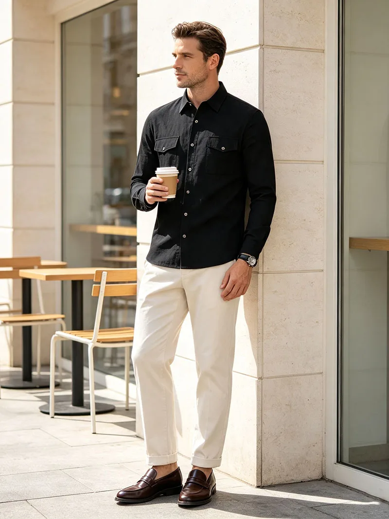 2026 New Men's Long Sleeve Casual Shirt Double Chest Pocket Button Up Soft Loose Linen Comfy Daily Work Street Outdoor Wear Tops