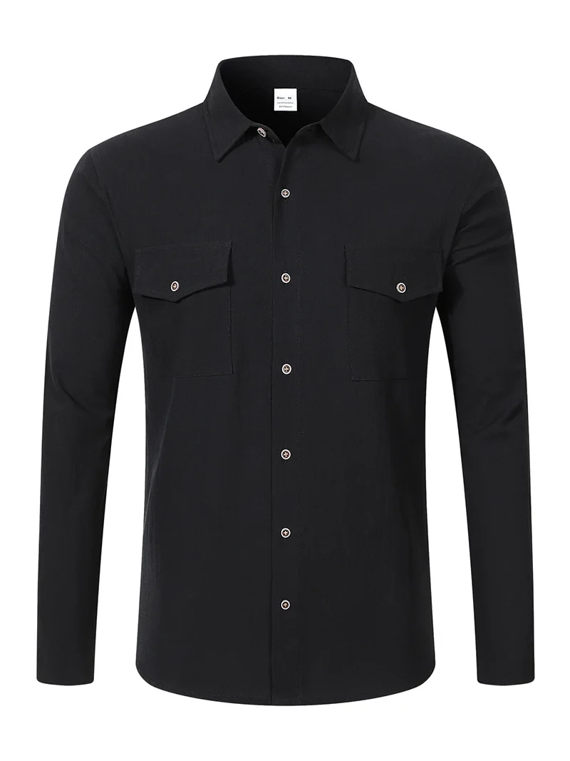 2026 New Men's Long Sleeve Casual Shirt Double Chest Pocket Button Up Soft Loose Linen Comfy Daily Work Street Outdoor Wear Tops