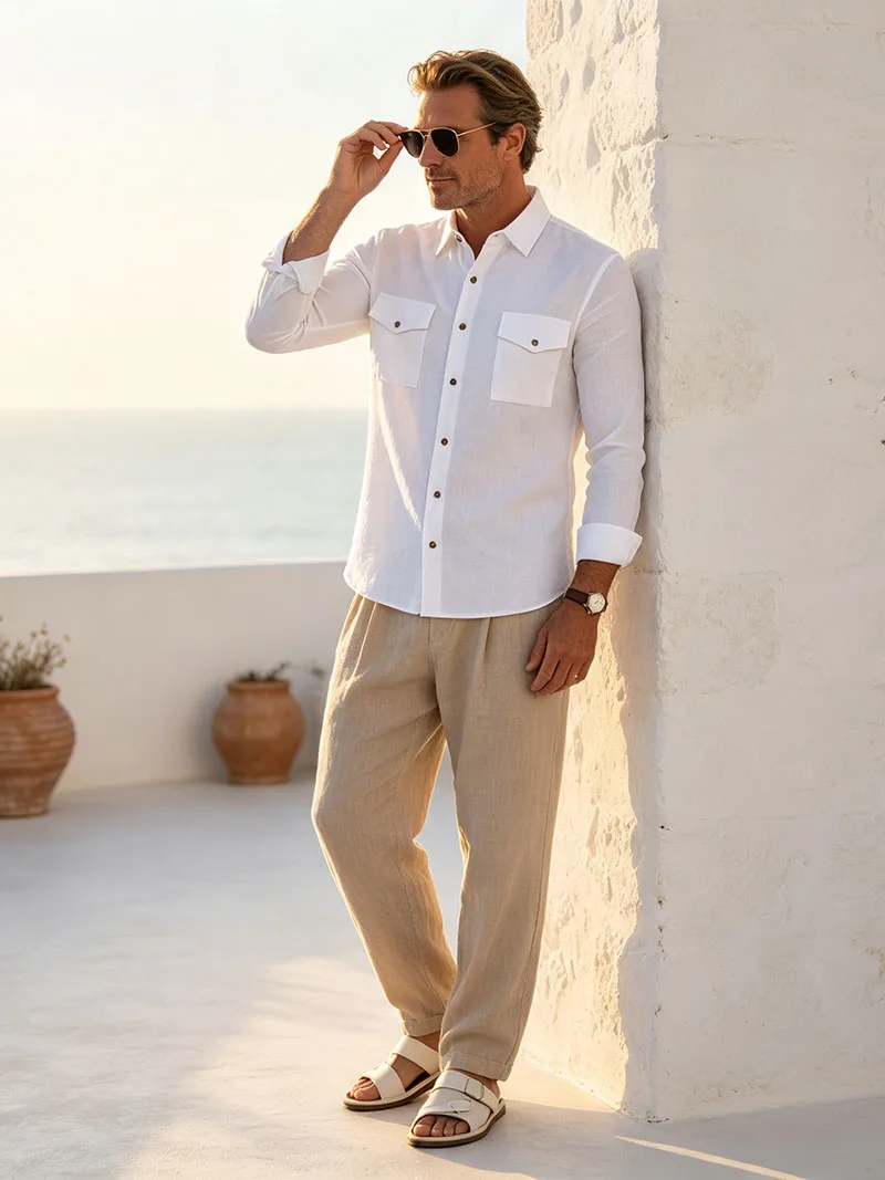 2026 New Men's Long Sleeve Casual Shirt Double Chest Pocket Button Up Soft Loose Linen Comfy Daily Work Street Outdoor Wear Tops