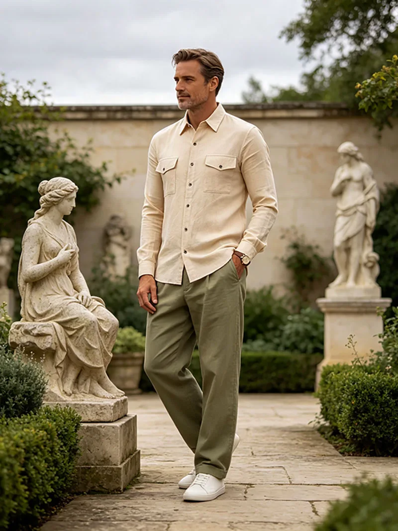 2026 New Men's Long Sleeve Casual Shirt Double Chest Pocket Button Up Soft Loose Linen Comfy Daily Work Street Outdoor Wear Tops