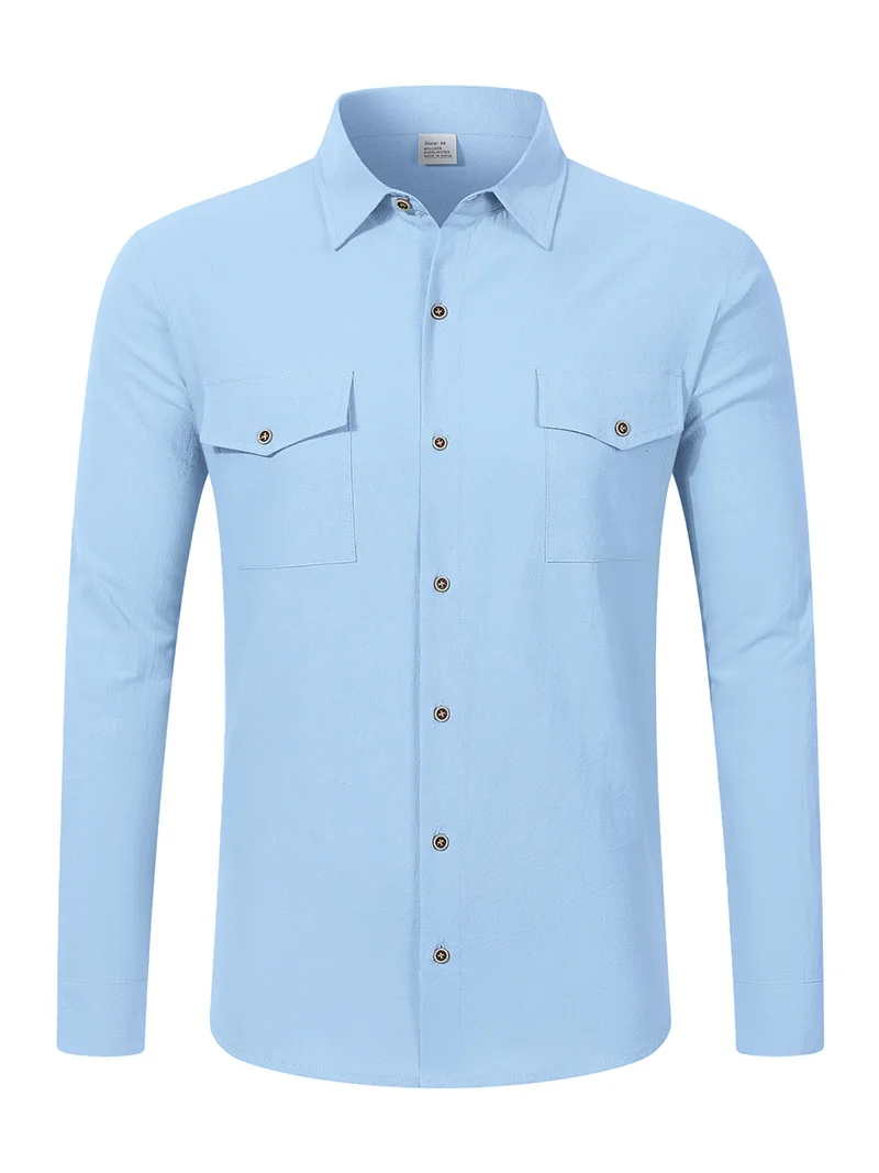 2026 New Men's Long Sleeve Casual Shirt Double Chest Pocket Button Up Soft Loose Linen Comfy Daily Work Street Outdoor Wear Tops