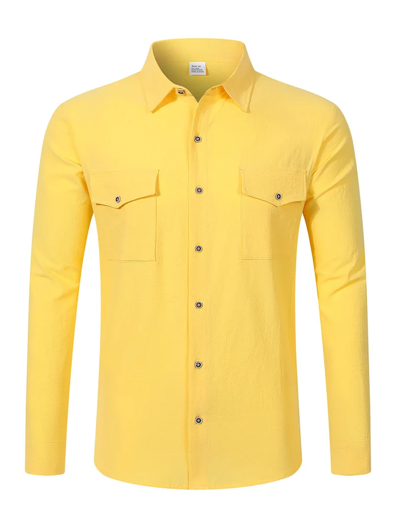 2026 New Men's Long Sleeve Casual Shirt Double Chest Pocket Button Up Soft Loose Linen Comfy Daily Work Street Outdoor Wear Tops