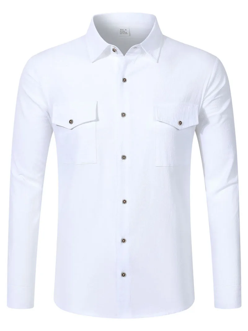 2026 New Men's Long Sleeve Casual Shirt Double Chest Pocket Button Up Soft Loose Linen Comfy Daily Work Street Outdoor Wear Tops