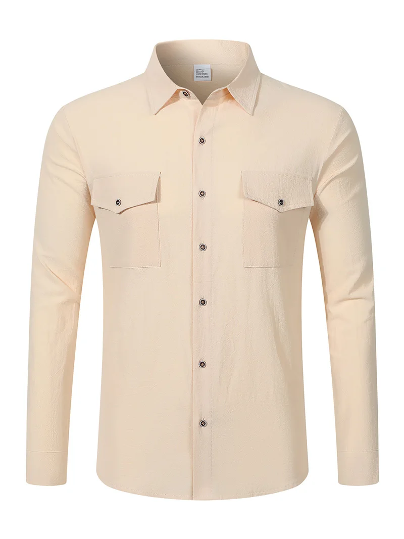 2026 New Men's Long Sleeve Casual Shirt Double Chest Pocket Button Up Soft Loose Linen Comfy Daily Work Street Outdoor Wear Tops