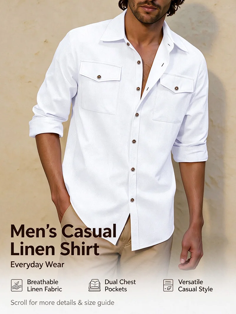 2026 New Men's Long Sleeve Casual Shirt Double Chest Pocket Button Up Soft Loose Linen Comfy Daily Work Street Outdoor Wear Tops