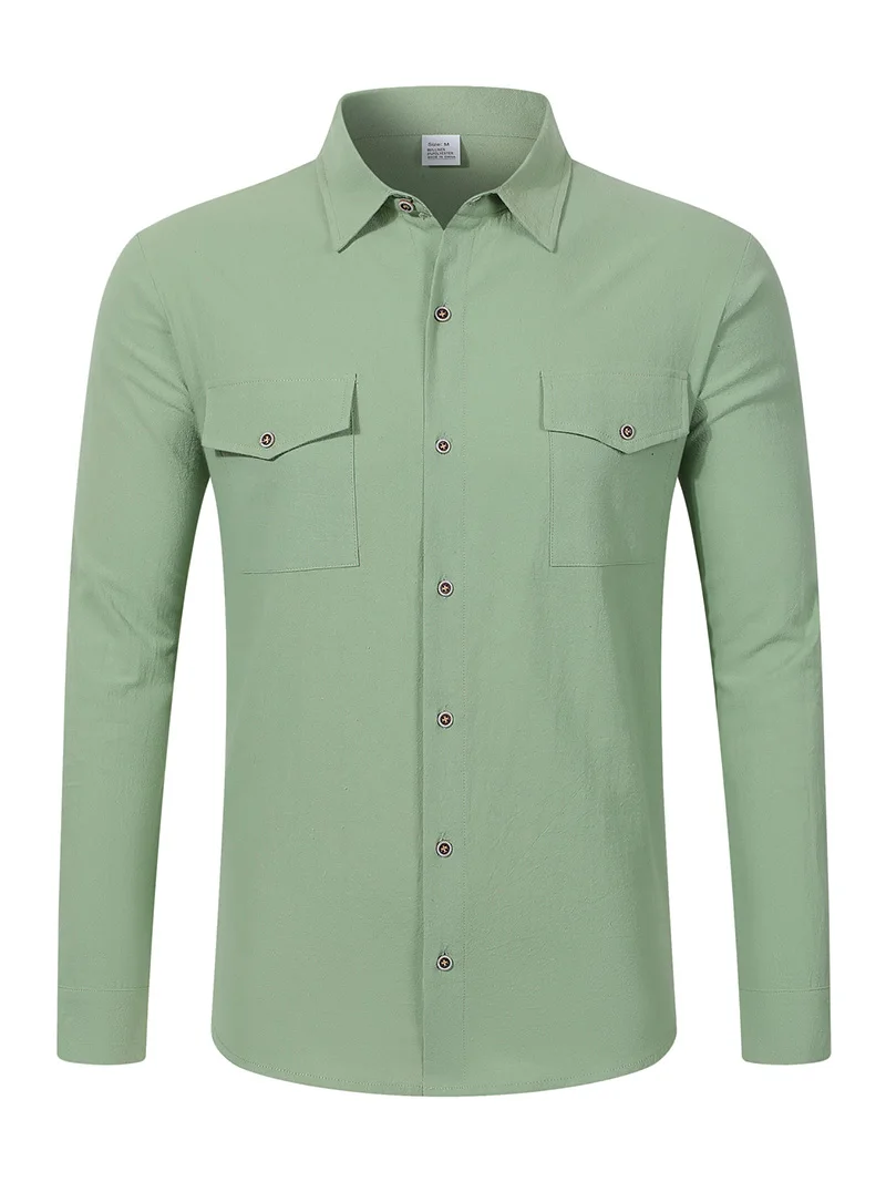 2026 New Men's Long Sleeve Casual Shirt Double Chest Pocket Button Up Soft Loose Linen Comfy Daily Work Street Outdoor Wear Tops