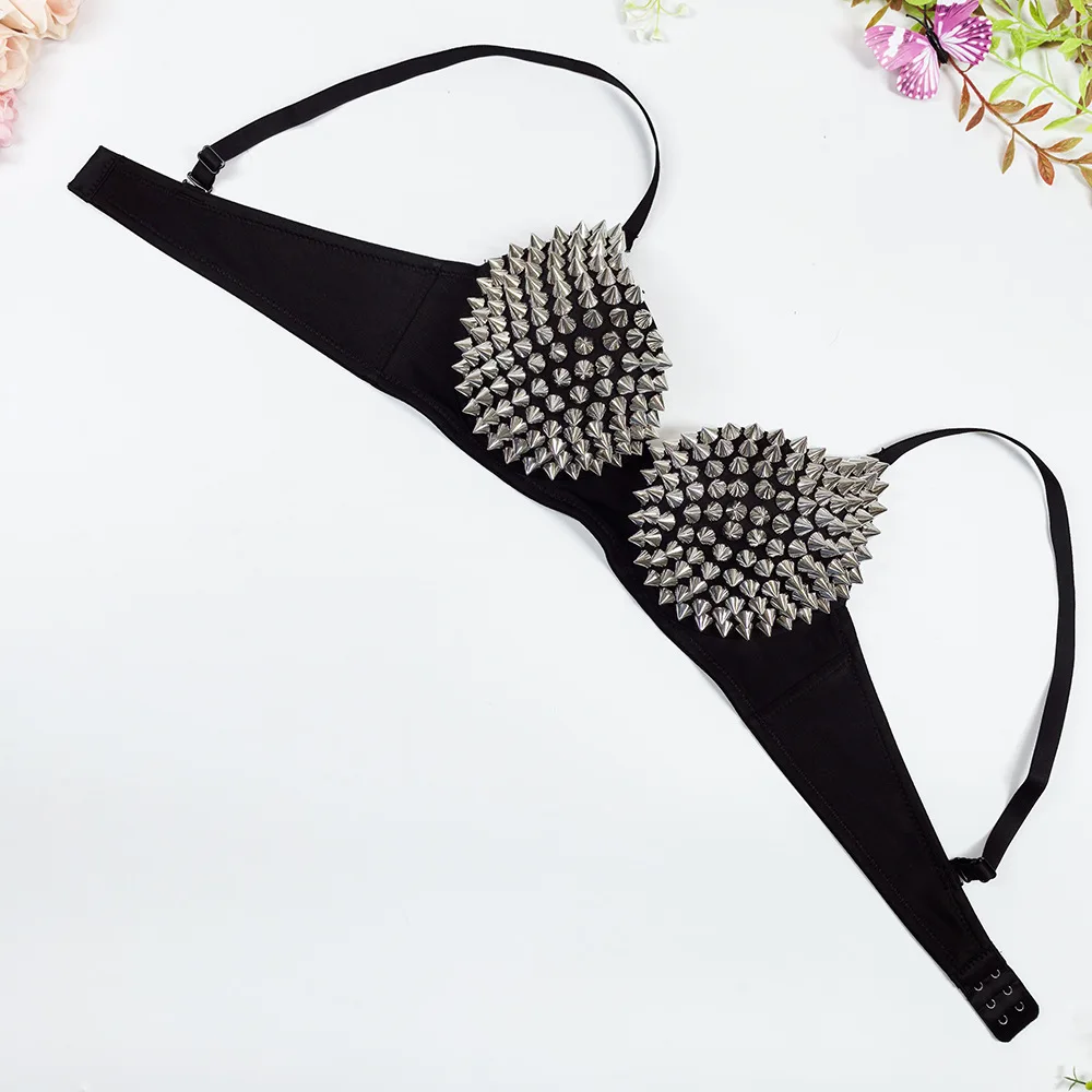 Sexy Rivets Punk Lingerie Underwear,Fashion Metallic Flash Rivet Bra with Wire Free for Women,Nightclub Party Bar Hot Bras