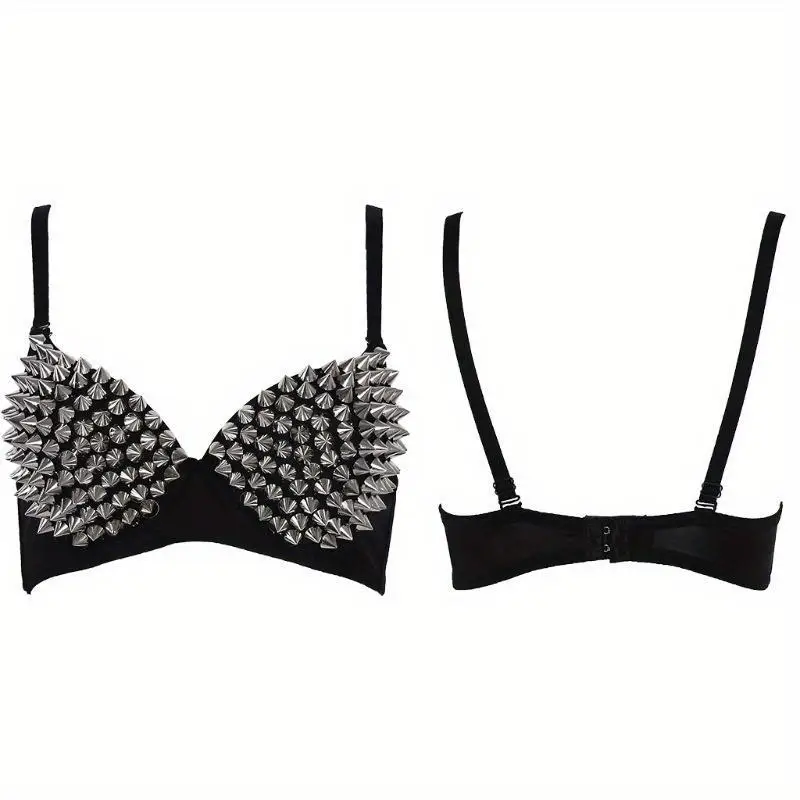Sexy Rivets Punk Lingerie Underwear,Fashion Metallic Flash Rivet Bra with Wire Free for Women,Nightclub Party Bar Hot Bras