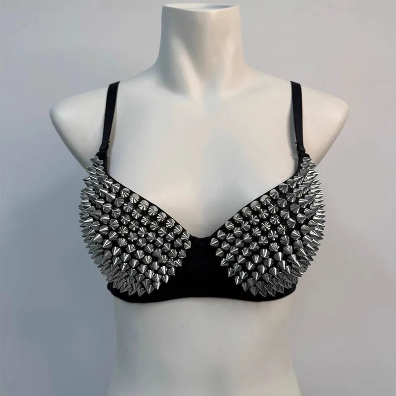 Sexy Rivets Punk Lingerie Underwear,Fashion Metallic Flash Rivet Bra with Wire Free for Women,Nightclub Party Bar Hot Bras